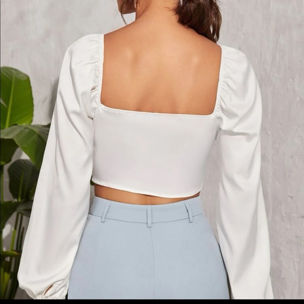 5/$25 Long Puff Lantern Bishop Sleeve Crop Top White Blouse - Picture 6 of 12